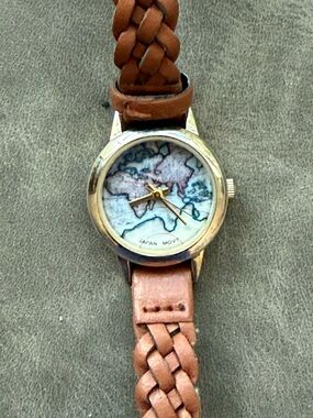 Brown Braided Leather Strap World Map Watch
